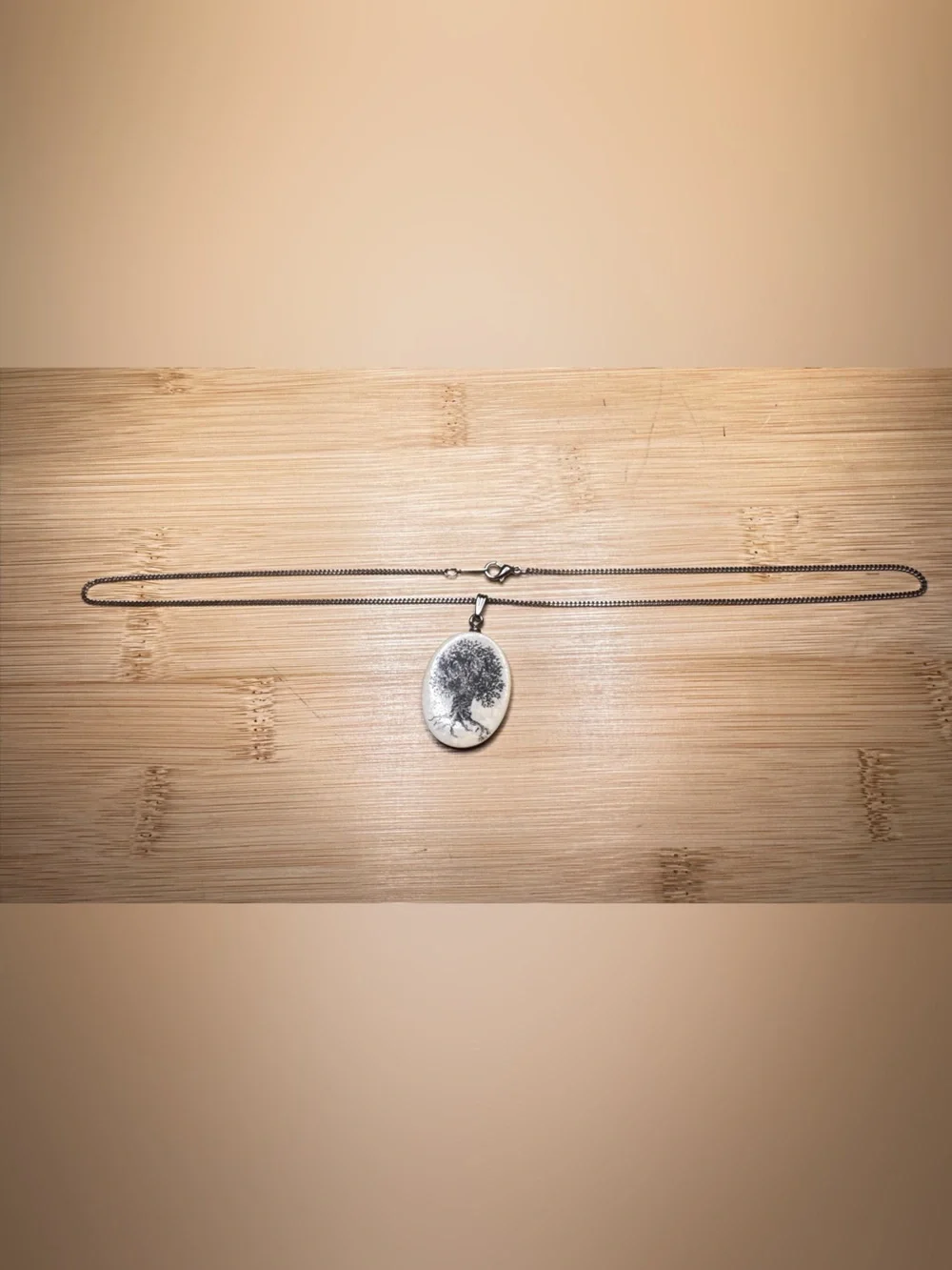 Tree of Life Oval Pendant Necklace - Faux Bone carved on silver tone chain